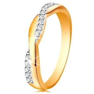 Lesklý prsten ze 14K zlata - dvě propletené vlnky - hladká a zirkonová - Velikost: 51