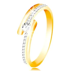 Zlatý prsten 585 - rozdvojená ramena s kombinací bílého zlata, vystouplý kulatý zirkon čiré barvy - Velikost: 49