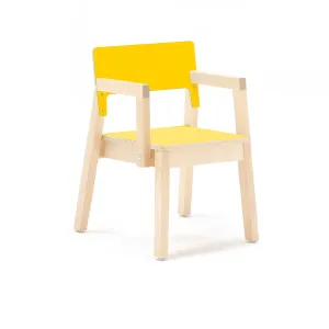 Dětská židle LOVE, s područkami, výška 350 mm, bříza, žlutá