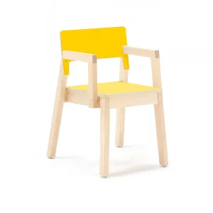 Dětská židle LOVE, s područkami, výška 380 mm, bříza, žlutá