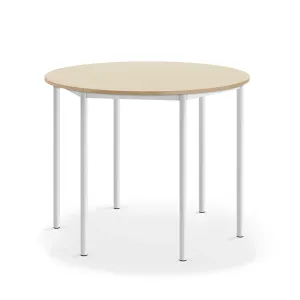 Stůl SONITUS, Ø1200x900 mm, bílé nohy, HPL deska tlumící hluk, bříza