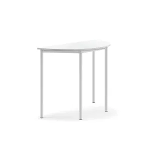 Stůl SONITUS, půlkruh, 1200x600x900 mm, bílé nohy, HPL deska tlumící hluk, bílá