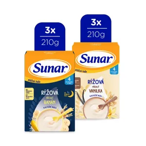 Sunar mléčná rýžová kaše mix příchutí 4m+, 6× 210 g