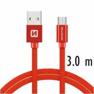 SWISSTEN datový kabel USB-A / micro USB, s textilním opletem, délka 3,0 m Barva: Červená