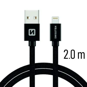 SWISSTEN datový kabel USB-A / Lightning, s textilním opletem, délka 2 m Barva kabelu: Černý