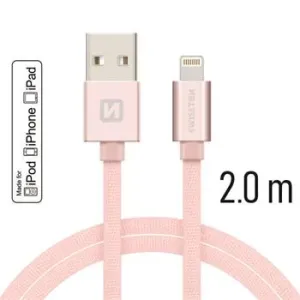 SWISSTEN datový kabel USB-A / Lightning, s textilním opletem, certifikace  MFi, délka 2,0 m Barva kabelu: Růžovo-zlatá