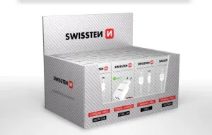 SWISSTEN prodejní set 4 produktů- 5x kabel micro USB, 5x kabel USB-C, 5x kabel Lightning, 5x nabíječka USB-A, v balení typu samoprodavač
