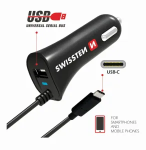 Autonabíječka Swissten 2.4A se zabudovaným USB-C kabelem a USB konektorem