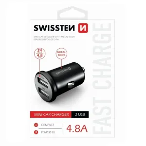 Autonabíječka Swissten kovová 4.8A s 2 USB sloty, Black