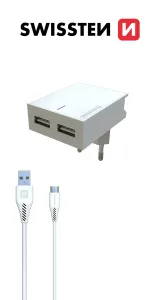 Rychlonabíječka Swissten Smart IC 3.A s 2 USB konektory + datový kabel USB/Micro USB 1,2 m, bílá