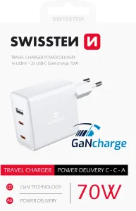 Síťový Adaptér Swissten GaN 2 x USB-C + 1 x USB 70 W, bílý