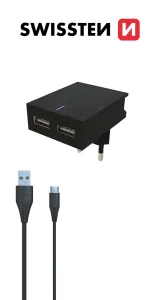 Rychlonabíječka Swissten Smart IC 3.A s 2 USB konektory + datový kabel USB/USB-C 1,2 m, černá