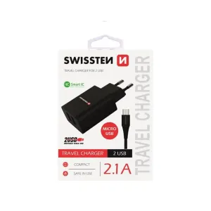 Nabíječka Swissten Smart IC 2.1A s 2 USB konektory a datovým kabelem USB/Micro USB, 1,2m, černá