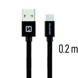 SWISSTEN datový kabel USB-A / USB-C, s textilním opletem, délka 0,2 m Barva kabelu: Černý