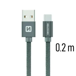 SWISSTEN datový kabel USB-A / USB-C, s textilním opletem, délka 0,2 m Barva kabelu: Šedivý