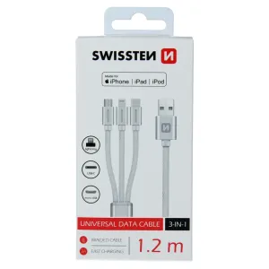 Datový kabel Swissten textilní 3 v 1 as podporou rychlonabíjení, stříbrný