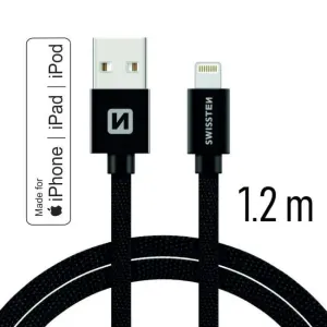 SWISSTEN datový kabel USB-A / Lightning, s textilním opletem, certifikace,  MFi, délka 1,2 m Barva kabelu: Černý