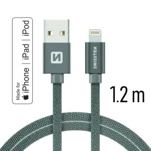 SWISSTEN datový kabel USB-A / Lightning, s textilním opletem, certifikace,  MFi, délka 1,2 m Barva kabelu: Šedivý