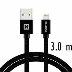 SWISSTEN datový kabel USB-A / Lightning, s textilním opletem, délka 3,0 m Barva: Černá