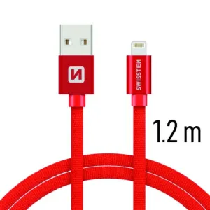 SWISSTEN datový kabel USB-A / Lightning, s textilním opletem, délka 1,2 m Barva kabelu: Červená