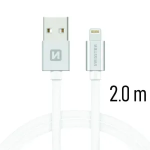 SWISSTEN datový kabel USB-A / Lightning, s textilním opletem, délka 2 m Barva kabelu: Stříbrná