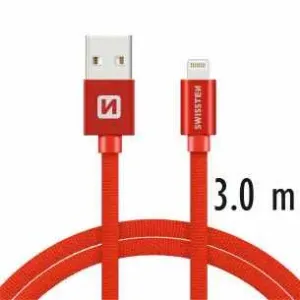 SWISSTEN datový kabel USB-A / Lightning, s textilním opletem, délka 3,0 m Barva: Červená