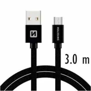 SWISSTEN datový kabel USB-A / micro USB, s textilním opletem, délka 3,0 m Barva: Černá