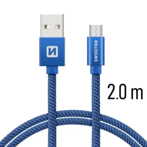 SWISSTEN datový kabel USB-A / micro USB, s textilním opletem, délka 2 m Barva kabelu: Modrá