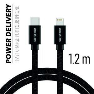 SWISSTEN datový kabel USB-C / Lightning, s textilním opletem, PD, délka 1,2 m Barva kabelu: Černý