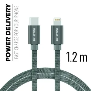 SWISSTEN datový kabel USB-C / Lightning, s textilním opletem, PD, délka 1,2 m Barva kabelu: Šedivý