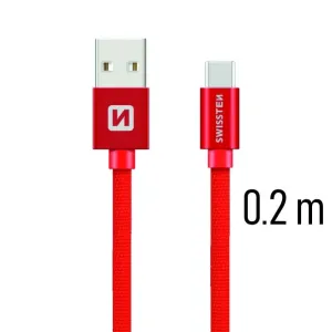 SWISSTEN datový kabel USB-A / USB-C, s textilním opletem, délka 0,2 m Barva kabelu: Červená