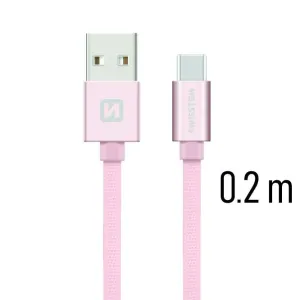 SWISSTEN datový kabel USB-A / USB-C, s textilním opletem, délka 0,2 m Barva kabelu: Růžovo-zlatá