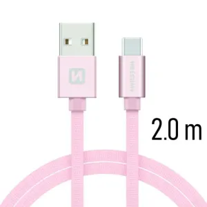 SWISSTEN datový kabel USB-A / USB-C, s textilním opletem, délka 2,0 m Barva kabelu: Růžovo-zlatá