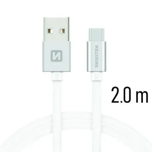 SWISSTEN datový kabel USB-A / USB-C, s textilním opletem, délka 2,0 m Barva kabelu: Stříbrná