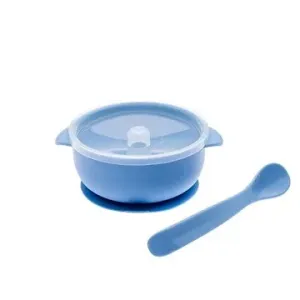 Dětská silikonová miska s pokličkou a lžičkou - Pastelová modrá