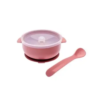 Dětská silikonová miska s pokličkou a lžičkou - Perleťová růžová