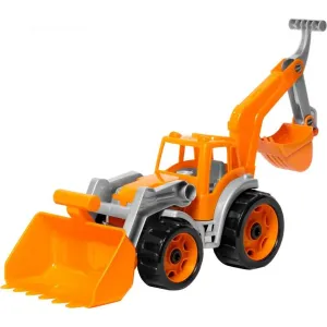 Traktor-nakladač-bagr se 2 lžícemi plast na volný chod oranžový
