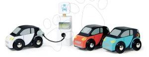 Dřevěné elektromobily Smart Car Set Tender Leaf Toys s nabíjecí stanicí a 3 autíčky od 18 měs