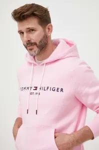 Mikina Tommy Hilfiger pánská, růžová barva, s kapucí, s aplikací