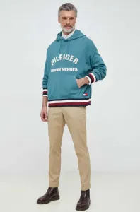 Mikina Tommy Hilfiger x Shawn Mendes pánská, tyrkysová barva, s kapucí, vzorovaná