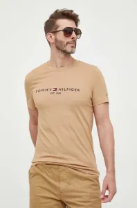 Bavlněné tričko Tommy Hilfiger béžová barva, s aplikací, MW0MW11797