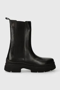 Kožené kotníkové boty Tommy Hilfiger ESSENTIAL LEATHER CHELSEA BOOT dámské, černá barva, na plochém podpatku, FW0FW07490