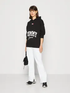 Bavlněná mikina Tommy Jeans dámská, černá barva, s kapucí, s potiskem #5392516