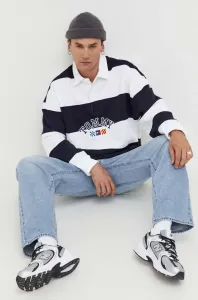 Bavlněná mikina Tommy Jeans pánská, tmavomodrá barva, vzorovaná