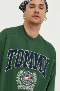 Bavlněná mikina Tommy Jeans pánská, zelená barva, s aplikací