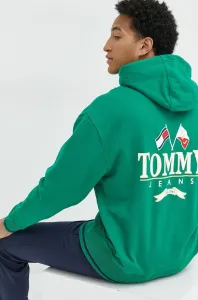 Bavlněná mikina Tommy Jeans pánská, zelená barva, s kapucí, s potiskem