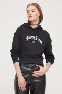 Bavlněná mikina Tommy Jeans dámská, černá barva, s kapucí, s aplikací