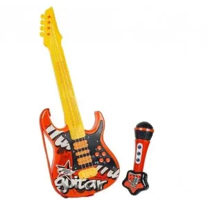 Červená elektrická rocková kytara s mikrofonem #5526246