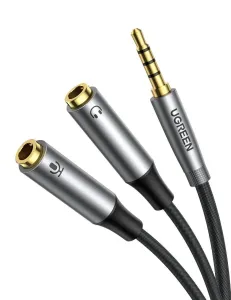 UGREEN AV192 Audio rozbočovač AUX kabel mini jack 3,5 mm (samec) na sluchátka + mikrofon (samice), 20 cm (šedý)