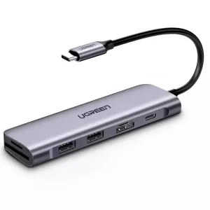 UGREEN CM195 adaptér 6 v 1 USB-C na 2x USB 3.0, HDMI, SD/microSD, 100 W (šedý)